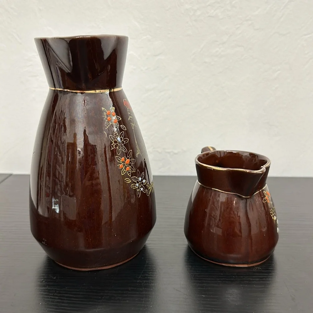 Rooster Redware Moriage Pottery Milk Pitcher & Creamer Set Japan